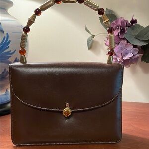 Elegant Brown Handbag with Beaded Handle